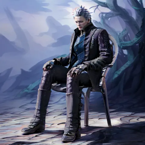 1man, <lora:Vergil-1-000009:1>, vergil(dmc5), sitting on a chair, motivatedchair, <lora:Chair-000034:1>, detailed, street scenery,