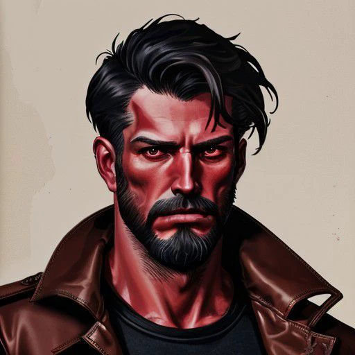 beard, red skin, brown leather trench coat, male focus, black hair, red eyes, revolver, portrait, tank top, pants