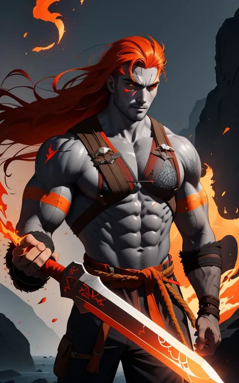 <lora:genasi.safetensors:.7> , strong man, fire genasi, grey skin, digital art, stone like skin, fiery hair, barbarian, holding battle axe, scars, dark skin, muscular, clothing of fur