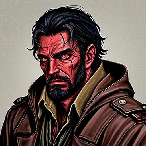 beard, red skin, brown leather trench coat, male focus, black hair, red eyes, revolver, portrait, tank top, pants