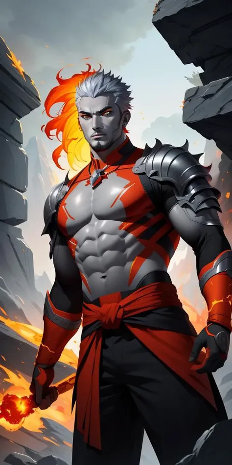 <lora:genasi.safetensors:.7> , strong man, fire genasi, grey skin, digital art, stone like skin, fiery hair