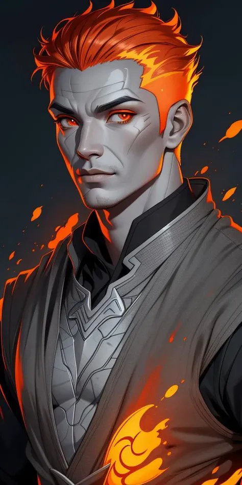 <lora:genasi.safetensors:.7> , strong man, fire genasi, grey skin, digital art, stone like skin, fiery hair, druid