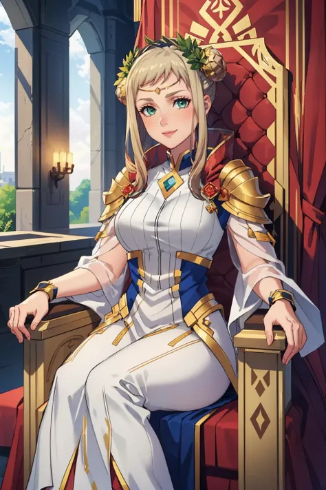 WRC style, Beautiful woman, blond, Sitting, Royal costume, royal family, medieval setting