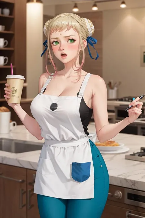 masterpiece, best quality, absurdres, <lora:henriette-fe-richy-v1:1> henriette, looking at viewer, blush, open mouth, ribbon, holding, cleavage, bare shoulders, collarbone, hair ribbon, pants, indoors, blurry, apron, speech bubble, english text, cup, blurry background, tank top, holding cup, meme, blue pants, pen, disposable cup, braided bun, holding pen, cafe, marker, green apron