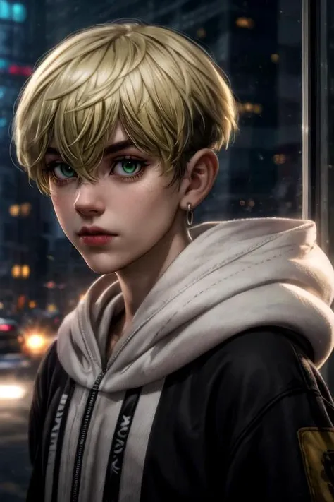 photorealistic, (4k), depth of field, (Masterpiece), (realistic skin texture), extremely detailed, intricate, hyper detailed, high resolution, professional photography, bokeh, depth of field, sharp detail, best quality, looking at viewer, 1boy, solo, male focus, <lora:chifuyu_matsuno:0.78>, chifuyu_matsuno, blonde hair, green eyes, , hair between eyes, , undercut, jewelry, hoodie, candy costume, science fiction dieselpunk,