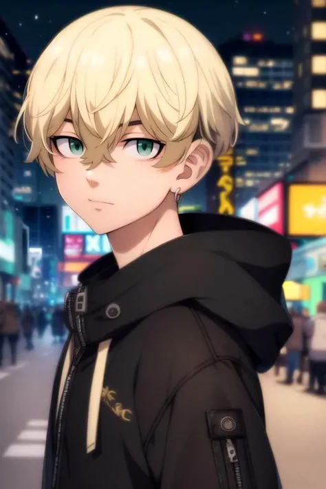 photorealistic, (4k), depth of field, (Masterpiece), (realistic skin texture), extremely detailed, intricate, hyper detailed, high resolution, professional photography, bokeh, depth of field, sharp detail, best quality, , 1boy, solo, male focus, <lora:chifuyu_matsuno:0.74>, chifuyu_matsuno, blonde hair, green eyes, , hair between eyes, bangs, , , hood, , science fiction social science fiction, 12k resolution