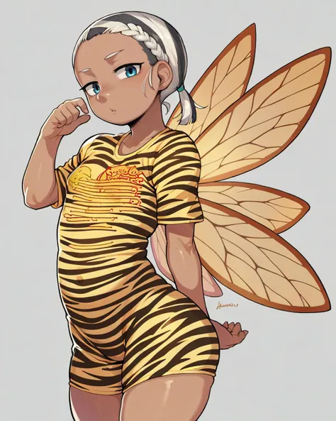 score_9, score_8_up, score_7_up, source_anime, solo, 1girl, insect wings, Bronze skin, Voluminous side braid, , , , Zebra print, <lora:AkubiniumP:1> AkubiniumP