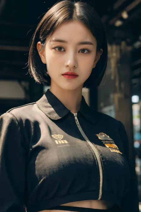 <lora:zyozyo:1>, a picture of zyozyo woman, cropped jacket, abs, midriff, frown, short hair, black hair, masterpiece, (detailed lighting, extremely detailed skin, extremely detailed hair, shadows, 8k), looking at viewer, (High Key Lighting), masterpiece, top quality, best quality, official art, unity 8k wallpaper, highres, ultra-high res, ultra-detailed, beautiful and aesthetic
