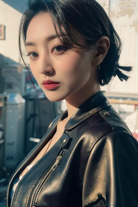 <lora:zyozyo:1>, a picture of zyozyo woman, cropped jacket, abs, midriff, frown, short hair, black hair, masterpiece, (detailed lighting, extremely detailed skin, extremely detailed hair, shadows, 8k), looking at viewer, (High Key Lighting), masterpiece, top quality, best quality, official art, unity 8k wallpaper, highres, ultra-high res, ultra-detailed, beautiful and aesthetic
