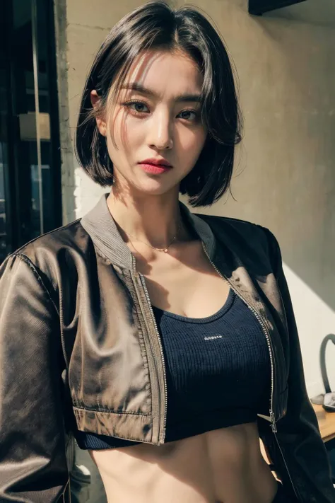 <lora:zyozyo:0.9>, (forehead, cropped jacket, abs, midriff, frown, short hair, black hair, eyeliner:1.3), (masterpiece, best quality, beautiful quality), (photorealistic:1.4), (detailed lighting, extremely detailed skin, extremely detailed hair, shadows, 8k, a picture of a zyozyo, 1girl:1.2), <lora:add_detail:1>, looking at viewer, (High Key Lighting), masterpiece, top quality, best quality, official art, unity 8k wallpaper, highres, ultra-high res, ultra-detailed, beautiful and aesthetic