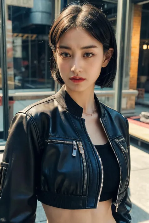 <lora:zyozyo:0.9>, (forehead, cropped jacket, abs, midriff, frown, short hair, black hair, eyeliner:1.3), (masterpiece, best quality, beautiful quality), (photorealistic:1.4), (detailed lighting, extremely detailed skin, extremely detailed hair, shadows, 8k, a picture of a zyozyo, 1girl:1.2), <lora:add_detail:1>, looking at viewer, (High Key Lighting), masterpiece, top quality, best quality, official art, unity 8k wallpaper, highres, ultra-high res, ultra-detailed, beautiful and aesthetic
