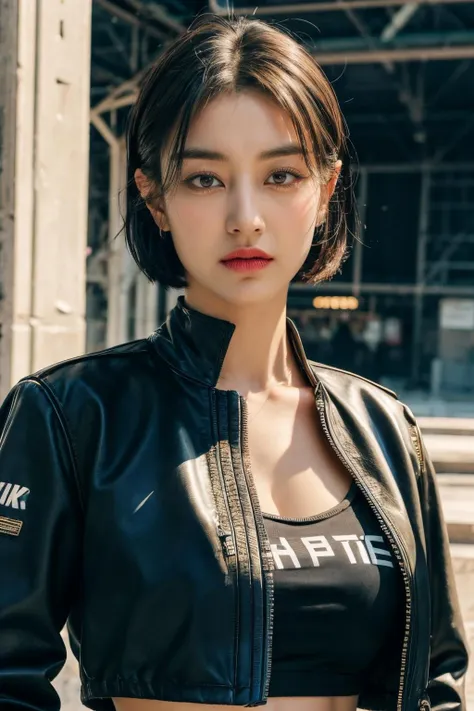 <lora:zyozyo:0.9>, (forehead, cropped jacket, abs, midriff, frown, short hair, black hair, eyeliner:1.3), (masterpiece, best quality, beautiful quality), (photorealistic:1.4), (detailed lighting, extremely detailed skin, extremely detailed hair, shadows, 8k, a picture of a zyozyo, 1girl:1.2), <lora:add_detail:1>, looking at viewer, (High Key Lighting), masterpiece, top quality, best quality, official art, unity 8k wallpaper, highres, ultra-high res, ultra-detailed, beautiful and aesthetic