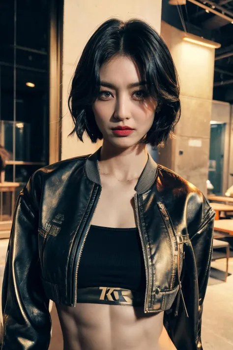 <lora:zyozyo:0.9>, (forehead, cropped jacket, abs, midriff, frown, short hair, black hair, eyeliner:1.3), (masterpiece, best quality, beautiful quality), (photorealistic:1.4), (detailed lighting, extremely detailed skin, extremely detailed hair, shadows, 8k, a picture of a zyozyo, 1girl:1.2), <lora:add_detail:1>, looking at viewer, (High Key Lighting), masterpiece, top quality, best quality, official art, unity 8k wallpaper, highres, ultra-high res, ultra-detailed, beautiful and aesthetic