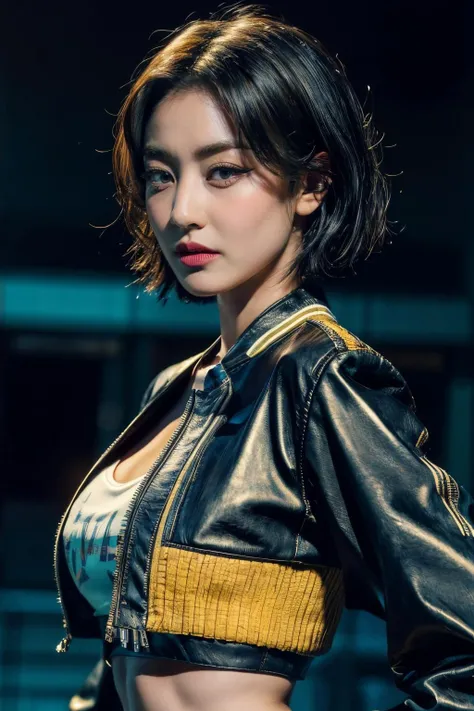 <lora:zyozyo:0.9>, (forehead, cropped jacket, abs, midriff, frown, short hair, black hair, eyeliner:1.3), (masterpiece, best quality, beautiful quality), (photorealistic:1.4), (detailed lighting, extremely detailed skin, extremely detailed hair, shadows, 8k, a picture of a zyozyo, 1girl:1.2), <lora:add_detail:1>, looking at viewer, (High Key Lighting), masterpiece, top quality, best quality, official art, unity 8k wallpaper, highres, ultra-high res, ultra-detailed, beautiful and aesthetic