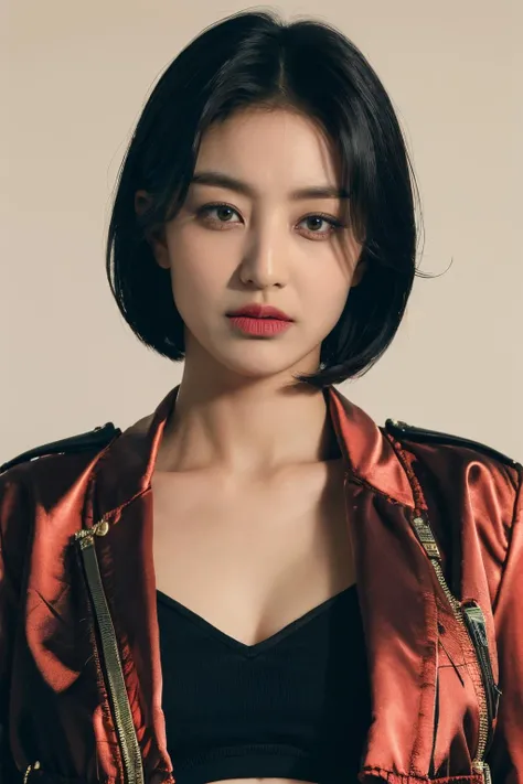 <lora:zyozyo:1>, a picture of zyozyo woman, cropped jacket, abs, midriff, frown, short hair, black hair, masterpiece, (detailed lighting, extremely detailed skin, extremely detailed hair, shadows, 8k), looking at viewer, (High Key Lighting), masterpiece, top quality, best quality, official art, unity 8k wallpaper, highres, ultra-high res, ultra-detailed, beautiful and aesthetic