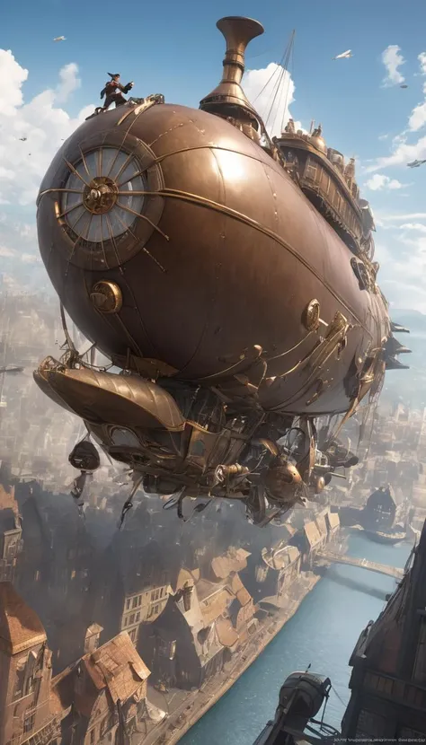Cinematic scene, hero view, airship, action pose, detailed background, masterpiece, best quality, high quality, absurdres, steampunk <lora:steampunk_xl_v1:1>