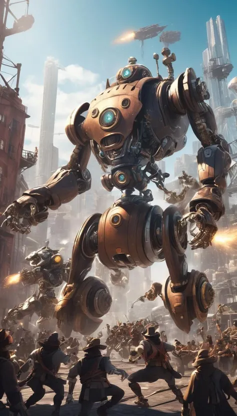 Cinematic scene, hero view, a steampunk robot fighting against a group of cybernetic pirates in a futuristic cityscape, action pose, detailed background, masterpiece, best quality, high quality, absurdres, steampunk <lora:steampunk_xl_v1:1>