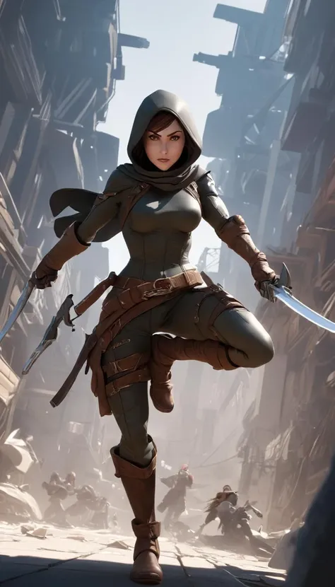 Cinematic scene, hero view, female rogue, action pose, detailed background, masterpiece, best quality, high quality, absurdres <lora:steampunk_xl_v1:1>