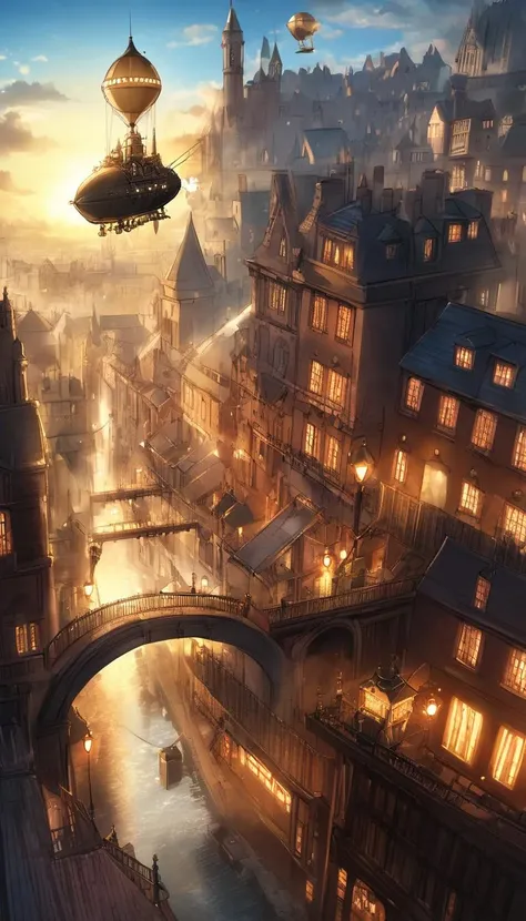 Steam-powered airships soar high above an alternative Victorian cityscape filled with clockwork inventions and gears adorning buildings, while street lamps cast a warm glow upon the cobblestone streets below, cinematic scene, scenery, detailed background, masterpiece, best quality, high quality, absurdres, very detailed, high resolution, sharp, sharp image, 8k, vivid, colorful <lora:steampunk_xl_v2:1>