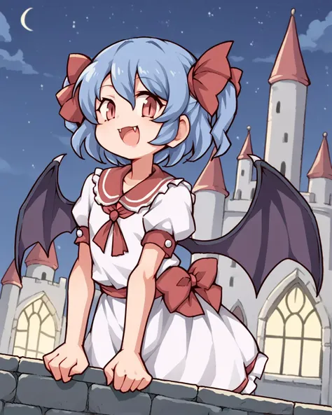 score_9, score_8_up, score_7_up, source_anime, solo, 1girl, remilia scarlet, night, castle, bat wings, lasto, <lora:lasto_PDXL-000001:1.2>