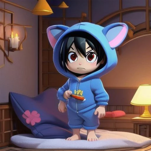 3dcharacter, 3dcutecharacter, chibi, 1boy, sebastian_michaelis, black hair, red eyes, Meowstic, Meowstic_male, cosplay, kigurumi, onesie, hood up, bedtime, going to bed, 's bedroom, barefoot, (dim lighting:1.1), comfy, cozy, warm. <lora:143833-Sebastian_Michaelis:1> <lora:111323-Meowstic_male:0.7>