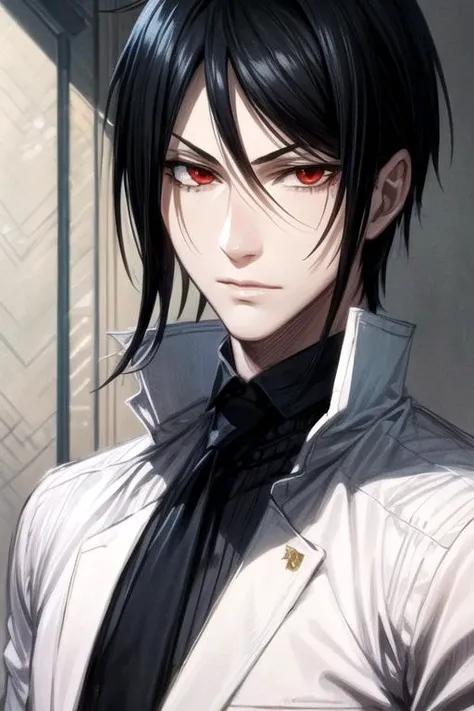 masterpiece, best quality, sketch, 1boy, solo, male focus, looking at viewer, , , , , <lora:sebastian_michaelis:0.68>, sebastian_michaelis, black hair, red eyes, , The Vale of Shadows: A dark and foreboding valley where no sunlight ever penetrates,