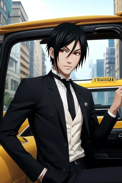 masterpiece, best quality, wallpaper, 1boy, solo, male focus, looking at viewer, upper body, , , realistic, <lora:sebastian_michaelis:0.72>, sebastian_michaelis, black hair, red eyes, taxi driver costume, , 12k resolution