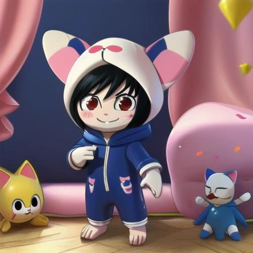 3dcharacter, 3dcutecharacter, chibi, 1boy, sebastian_michaelis, black hair, red eyes, Meowstic, Meowstic_male, cosplay, kigurumi, onesie, hood up, bedtime, going to bed, 's bedroom, barefoot, (dim lighting:1.1), comfy, cozy, warm. <lora:143833-Sebastian_Michaelis:0.9> <lora:111323-Meowstic_male:0.9>