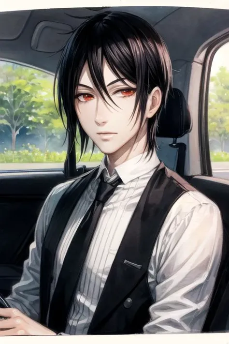 masterpiece, best quality, sketch, 1boy, solo, male focus, looking at viewer, upper body, depth of field, (watercolor illustration, soft pastel colors:1.1), , <lora:sebastian_michaelis:0.66>, sebastian_michaelis, black hair, red eyes, , car interior, High resolution