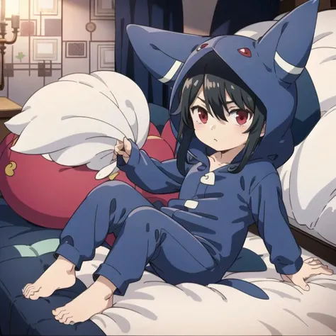 1boy, sebastian_michaelis, black hair, red eyes, wearing a (Meowstic Meowstic_male:1.1) (kigurumi, onesie:1.2), hood up, bedtime, child's bedroom, pastel walls, colorful decor, barefoot, (dim lighting:1.1), comfy, cozy room
<lora:111323-Meowstic_male:0.7>