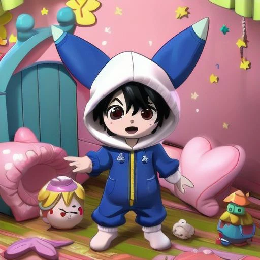 3dcharacter, 3dcutecharacter, chibi, 1boy, sebastian_michaelis, black hair, red eyes, Meowstic, Meowstic_male, cosplay, kigurumi, onesie, hood up, bedtime, going to bed, 's bedroom, barefoot, (dim lighting:1.1), comfy, cozy, warm. <lora:143833-Sebastian_Michaelis:0.9> <lora:111323-Meowstic_male:0.9>