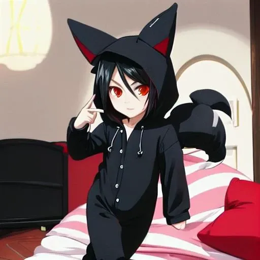 1boy, (sebastian_michaelis:1.2), black hair, red eyes, wearing a Meowstic Meowstic_male (kigurumi, onesie:1.1), hood up, bedtime, child's bedroom, barefoot, (dim lighting:1.1), comfy, cozy room
<lora:111323-Meowstic_male:0.5><lora:143833-Sebastian_Michaelis:0.9>