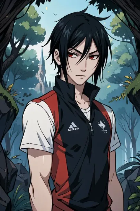 masterpiece, best quality, photorealistic, 1boy, solo, male focus, looking at viewer, upper body, depth of field, anime coloring, , <lora:sebastian_michaelis:0.66>, sebastian_michaelis, black hair, red eyes, athletic wear, , A fairytale land where magical creatures live and thrive, 16k resolution