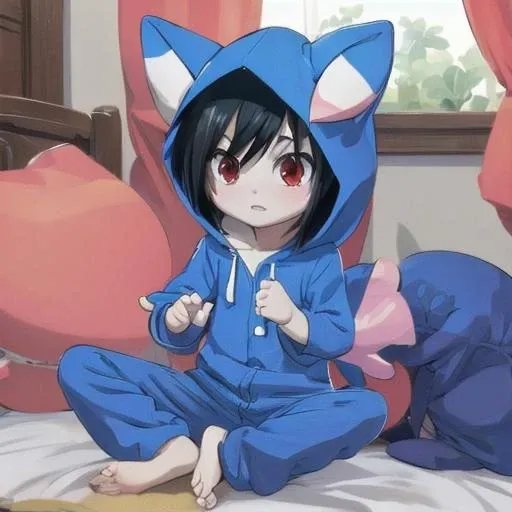 1boy, sebastian_michaelis, black hair, red eyes, (Meowstic, Meowstic_male:1.1), cosplay, (kigurumi, onesie:1.1), hood up, bedtime, child's bedroom, barefoot, (dim lighting:1.1), comfy, cozy, warm. <lora:111323-Meowstic_male:0.6><lora:143833-Sebastian_Michaelis:0.7>