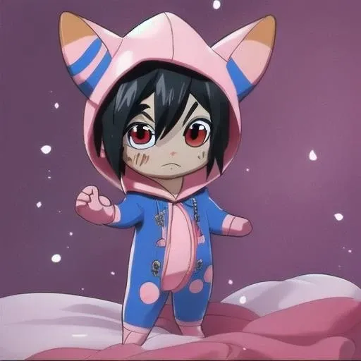 3dcharacter, 3dcutecharacter, chibi, 1boy, sebastian_michaelis, black hair, red eyes, (Meowstic, Meowstic_male:1.1), cosplay, (kigurumi, onesie:1.1), hood up, bedtime, child's bedroom, barefoot, (dim lighting:1.1), comfy, cozy, warm. <lora:143833-Sebastian_Michaelis:1.1> <lora:111323-Meowstic_male:0.7>