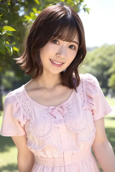 1girl, (wearing a casual dress:1.6),(RAW photo, best quality), (realistic, photo-realistic:1.4), masterpiece, an extremely delicate and beautiful, extremely detailed, 2k wallpaper, Amazing, finely detail, extremely detailed CG unity 8k wallpaper, ultra-detailed, highres, soft light, beautiful detailed girl, extremely detailed eyes and face, beautiful detailed nose, beautiful detailed eyes,cinematic lighting,(in the park:1.6),perfect anatomy,slender body,(smile:1.4),(young girl:1.4),(close up:2.0),(look at viewer:1.4),(front view:2.0),cinematic angle,(wavy short hair:1.2),standing,(cleavage:1.0),(brown eyes:1.6), <lora:shinodaminami_lora-01:0.8>