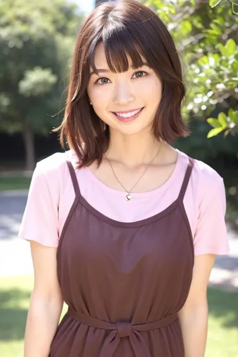 1girl, (wearing a casual dress:1.6),(RAW photo, best quality), (realistic, photo-realistic:1.4), masterpiece, an extremely delicate and beautiful, extremely detailed, 2k wallpaper, Amazing, finely detail, extremely detailed CG unity 8k wallpaper, ultra-detailed, highres, soft light, beautiful detailed girl, extremely detailed eyes and face, beautiful detailed nose, beautiful detailed eyes,cinematic lighting,(in the park:1.6),perfect anatomy,slender body,(smile:1.4),(young girl:1.4),(close up:2.0),(look at viewer:1.4),(front view:2.0),cinematic angle,(wavy short hair:1.2),standing,(cleavage:1.0),(brown eyes:1.6), <lora:shinodaminami_lora-01:0.8>