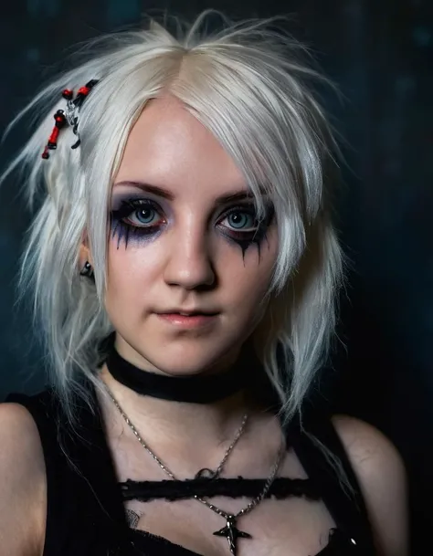 l0n42023, portrait of a shadowy goth girl in the void, highly textured wolfish skin, white hair with cute hair accessories, piercing eyes, light and shadow, anti-aliasing, color-graded, floating motes, dynamic volumetric lighting, nikon D850 <lora:l0n42023V2:0.85>