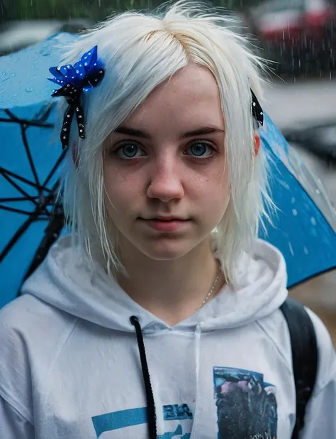 an emo girl standing in the rain, friendly tired face with piercing silver-blue eyes, white hair with cute hair accessories, highly textured skin, light and shadow, anti-aliasing, color-graded, floating motes, dynamic volumetric lighting, nikon D850 <lora:l0n42023V2:0.7>