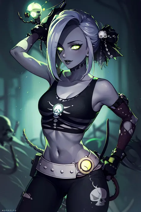 ((masterpiece,best quality)), absurdres, <lora:Nara_AFK:0.9>, Nara_AFK, solo, 1girl, zombie, grey skin, torn clothes, skull, glowing, midriff, belt, pants, looking at viewer, cowboy shot, cinematic composition, dynamic pose