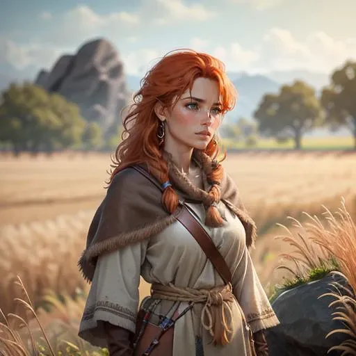 a stone age woman with ginger hair standing in the field, highly detailed, sharp focus, masterpiece, 8k, Pierre Joubert <lora:Pierre_Joubert_v1-000036:0.8>