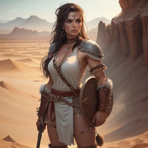 high details, best quality, 8k, [ultra detailed], masterpiece, best quality, (extremely detailed), dynamic angle, ultra wide shot, RAW, photorealistic, fantasy art, realistic art, a wide angle picture of a female human druid, full body, [[anatomically correct]]. knelling woman (1.5 intricate details, Masterpiece, best quality) talking to a desert [[predator]] (1.6 intricate details, Masterpiece, best quality) in desert (1.5 intricate details, Masterpiece, best quality), a female  wearing leather clothes (1.4 intricate details, Masterpiece, best quality), leather boots, thick hair, long hair, brown hair, tan skin intense brown eyes, desert background (intense details), a stream flowing in an oasis (1.4 intricate details, Masterpiece, best quality), night, moon light, stars (1.4 intricate details, Masterpiece, best quality), dynamic angle, (1.4 intricate details, Masterpiece, best quality) 3D rendering, high details, best quality, highres, ultra wide angle