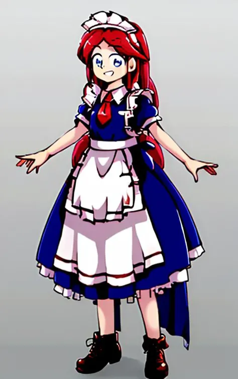masterpiece, best quality, (plain background, grey background), 1girl, solo, full body, standing, smiling, small waist, maid headdress, maid apron, BREAK, (blue maid outfit, blue maid uniform) BREAK, red tie, BREAK, red hair, long hair, BREAK, (blue eyes), wide eyes, BREAK <lora:pc98-08:1>