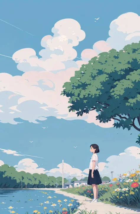 outdoors, flower, 1girl, day, sky, cloud, grass, solo, wide shot, blue sky, water, scenery, shirt, white flower, tree, pink flower , best qualit <lora:feelperson:0.66>, (illustration:1.0), masterpiece, best quality,