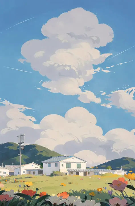 (no humans:1.8),1 house, clouds, sky, clouds, grass, rees, blue sky, flowers , wide angle lens, nature, distant mountains, masterpiece, best quality, , wide view ,<lora:feelperson:0.7>, (illustration:1.0), masterpiece, best quality,