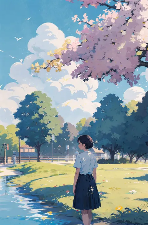 outdoors, flower, 1girl, day, sky, cloud, grass, solo, wide shot, blue sky, water, scenery, shirt, white flower, tree, pink flower , best qualit,<lora:feelperson:0.7>, (illustration:1.0), masterpiece, best quality,