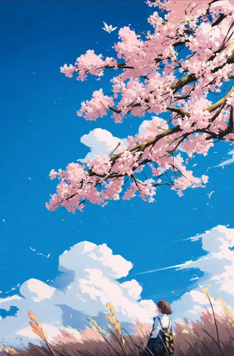 outdoors, flower, 1girl, day, sky, cloud, grass, solo, wide shot, blue sky, water, scenery, shirt, white flower, tree, pink flower , best qualit <lora:feelperson:0.66>, (illustration:1.0), masterpiece, best quality,