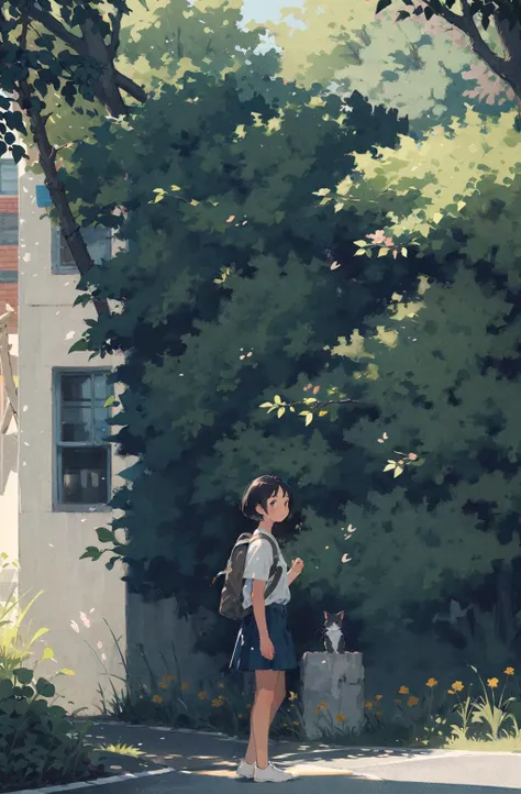 1girl, tree, outdoors, black hair, short hair, cat, solo, backpack, scenery, day, shirt, leaf, nature, bag, sunlight, wide shot, white shirt, dappled sunlightï¼ (illustration:1.0), masterpiece, best quality,<lora:feelperson:0.66>, (illustration:1.0), masterpiece, best quality,