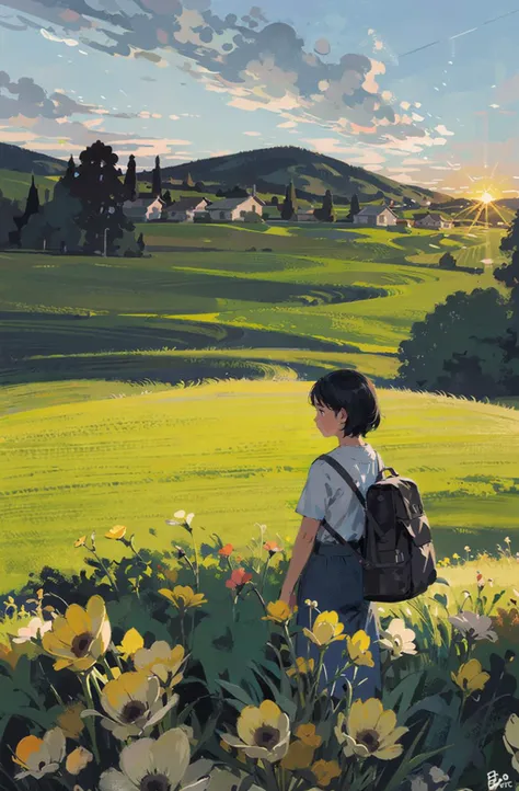 , a little girl, meadow, daytime, sunset, colorful, vast meadow, distant view,tree,flower, open sky, clouds, wide view ,<lora:feelperson:0.7>, (illustration:1.0), masterpiece, best quality,