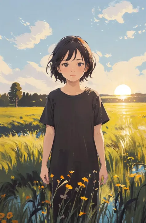 (Depth of field: 1.7), a little girl, meadow, daytime, sunset, colorful, vast meadow, distant view,, open sky, clouds, wide view ,<lora:feelperson:0.7>, (illustration:1.0), masterpiece, best quality,